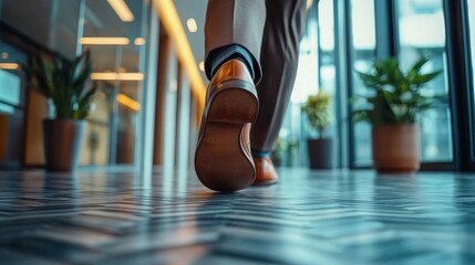 Businessman in brown suit hurrying through modern office corridor, urgency evident as he rushes to important meeting