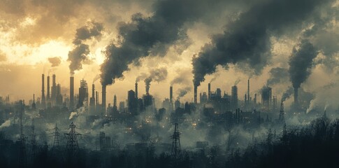 Naklejka premium An Industrial City Bathed in Smoke and Fog
