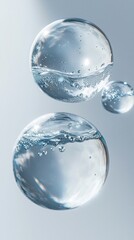 Floating Spheres with Water Droplets, delicate transparent forms suspended in air, soft blue tones on a white backdrop, minimalistic elegance.
