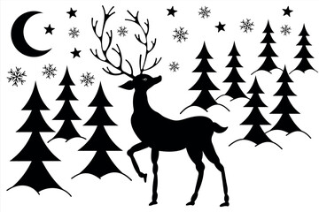 Silhouette of a deer among fir trees and the moon with stars