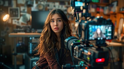 A dynamic scene of a woman vlogging in a stylish studio setup surrounded by professional cameras, microphones, and digital screens