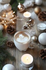 Festive Winter Latte with Candles and Ornaments