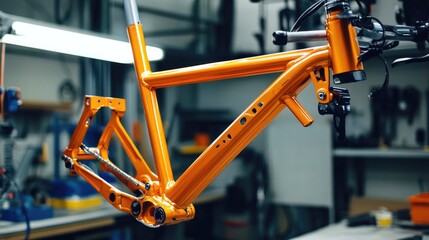 Close-up of an Orange Bike Frame in a Workshop Setting Highlighting the Craftsmanship and Details of Bicycle Manufacturing and Design Processes