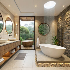 Modern Spa Bathroom with Freestanding Tub, Rainfall Shower, and Natural Stone Accents