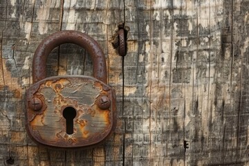 Rusty Lock Secures Weathered Wood Door with Keyhole, Security, Vintage, Metal, Old