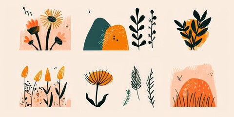 Abstract minimalist floral illustrations in earthy orange and green tones, botanical set of six panels, creative modern design for posters, prints, or decor