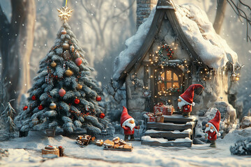 A snowy forest with a small decorated Christmas tree, where gnomes joyfully hang lights, carry ribbons, and place ornaments in a whimsical holiday scene.