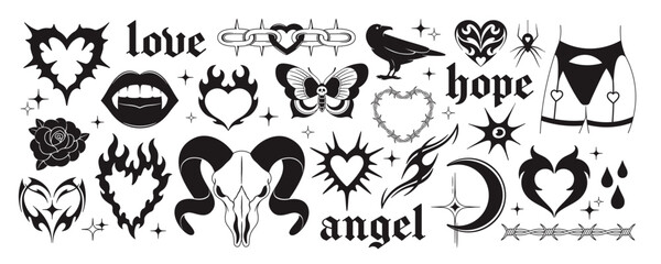 Retro tattoo style. Rock elements, y2k psychedelic stickers design. Rose hearts in fire flames, butterfly, vampire lips and teeth, animal skull racy vector set