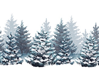 Obraz premium Seamless pattern with fir forest. Winter woodland. Hand drawn border, perfect for Christmas card or print design