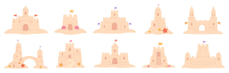 Cartoon sand castles. Children build castle on sea beach. Kids seaside buildings, sandy palaces on coast with towers and flags, racy vector clipart