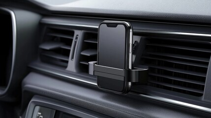Sleek Black Smartphone Holder Mounted on a Car Vent, Perfect for Navigation and Hands-Free Calling in Modern Automotive Interiors
