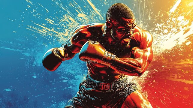 artistic illustration of a boxer in action, with exaggerated muscles and dynamic motion lines, capturing the energy of the sport