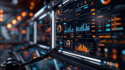 Naklejka premium High-Tech Computer Dashboard: CRM Data & Business Analytics Visualization for Business Reports
