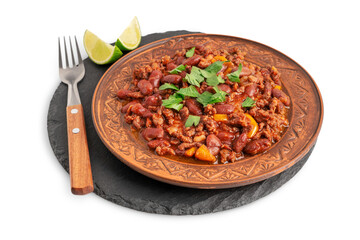 Homemade mexican spicy chili con carne cuisine stewed with beans, tomatoes, ground beef and hot chilli seasoning garnished with parsley served on plate with lime slices and fork isolated on white