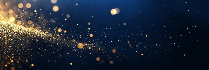 Abstract background with Dark blue and gold particle. Christmas Golden light shine particles bokeh on navy blue background