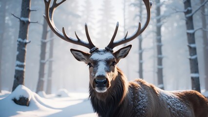 Snow Covered Reindeer in Snowy Winter Forest