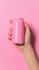A hand firmly gripping a vibrant pink soda can, positioned against a beautifully matching pink background, making it the perfect visual for summerthemed content and enticing beverage advertising