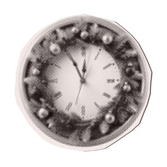 Decorated clock - Christmas halftone collage torn out paper sticker. Cut out of magazine shape, clipping scrap of paper.