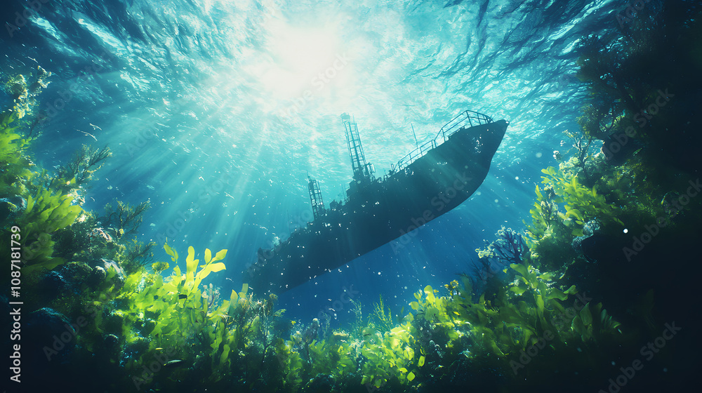 Poster a serene underwater scene featuring a silhouette of a boat surrounded by lush green seaweed and illu