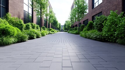 Modern pathway lined with greenery and brick buildings.