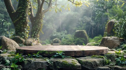 Obraz premium Modern 3D Presentation Stage Design: Wooden and Stone Podium in a Forest Setting - Ideal for product launches, corporate events, presentations, and more