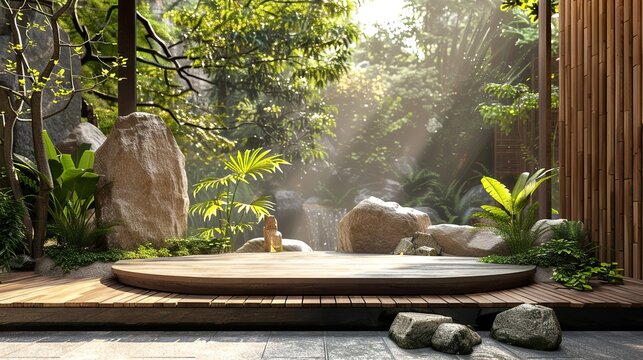 Modern 3D Wooden and Stone Podium Presentation Stage in Forest Setting: Ideal for product launches, presentations, awards ceremonies, and corporate events