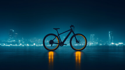 A sleek bike silhouette illuminated by glowing wheels against a city skyline at night, creating a modern and captivating atmosphere.