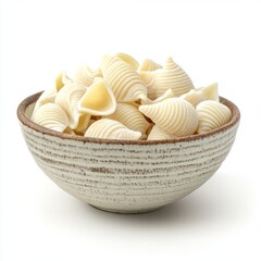 Uncooked dried conchiglie in ceramic bowl. Raw organic shell pasta isolated on white background