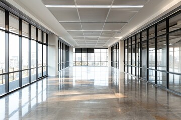 Empty Office Space Showcases Polished Concrete Floor and Large Windows Elegantly