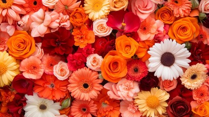 Vibrant floral arrangement showcasing an array of colorful flowers in shades of red, orange, and white, ideal for brightening any space