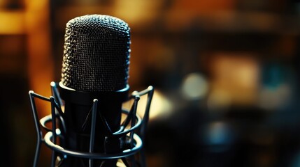 Close-Up of a Vintage Microphone in a Dimly Lit Studio Setting, Symbolizing Music Production, Recording Sessions, and Audio Technology Innovation