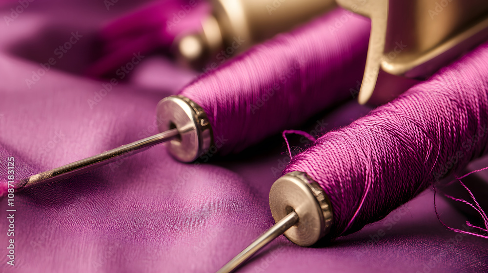 Poster close-up of purple sewing threads on spools, highlighting their texture and color against a soft fab