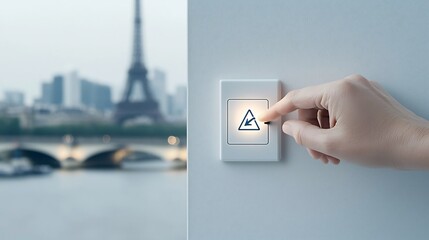 Closeup of a hand reaching to turn off a light switch with a small energy saving icon nearby promoting the theme of responsible and sustainable electricity usage in a modern minimalist setting