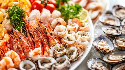 Close-up of gourmet seafood appetizers, intricate plating, seamless white background, [appetizers], [seafood delicacy]