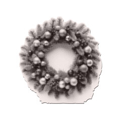 Wreath - Christmas halftone collage torn out paper sticker. Cut out of magazine shape, clipping scrap of paper.