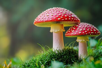 Fly agaric mushroom with red cap and white dots, Amanita muscaria mushroom, 3D illustration
