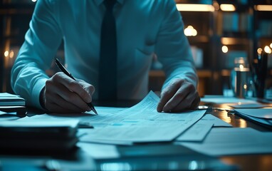 Office document auditing concept with accountant reviewing and assessing document correctness