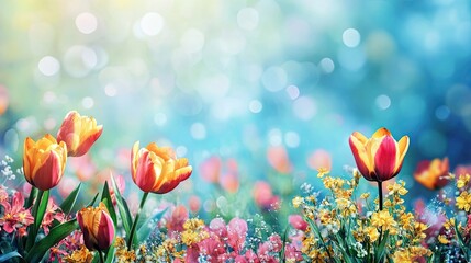 Easter concert poster template highlighted by vibrant springtime flowers set against a blue background, creating an inviting atmosphere with ample space for text.