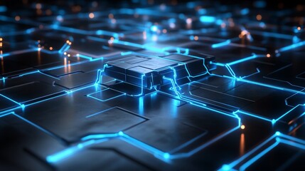Obraz premium Futuristic Blue Network, glowing nodes and lines create abstract geometric shapes against a dark backdrop, evoking high-tech digital connections.