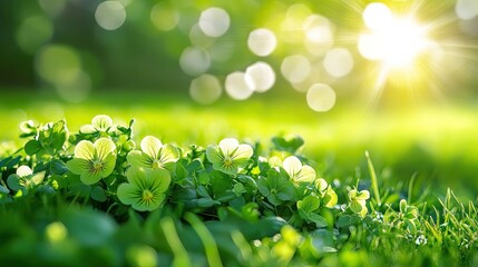A handpicked bunch of green violets rests against a backdrop of lush green grass, illuminated by sunlight on a bright day, creating a vibrant scene with ample copy space.