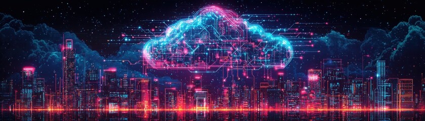Obraz premium Dynamic representation of artificial intelligence innovation in a futuristic cityscape digital art nighttime technology illustration