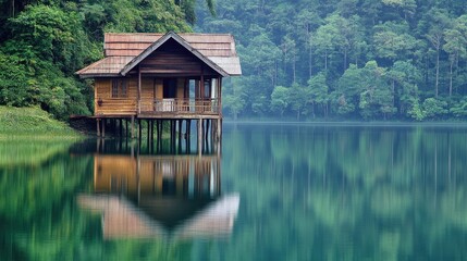 Obraz premium Serene Wooden House on Stilts Reflected in Calm Water Surrounded by Lush Green Trees and Misty Mountain Landscape at Dawn