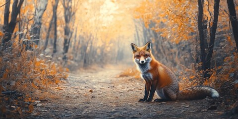 Fototapeta premium A red fox sits next to a woodland path, gazing directly at the camera while trees create a scenic backdrop in the distance. Its a captivating forest moment.