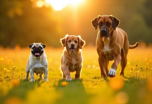 Three cheerful dogs enjoy a sunny day out in a field