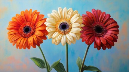 Three vibrant gerbera daisies arranged in a vase create a striking visual against a soft blue background, offering a refreshing look at the beauty of gerbera daisies with ample copy space.