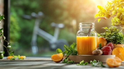 Fototapeta premium A refreshing glass of orange juice surrounded by fresh fruits and greenery, set in a sunlit environment with a bicycle in the background.