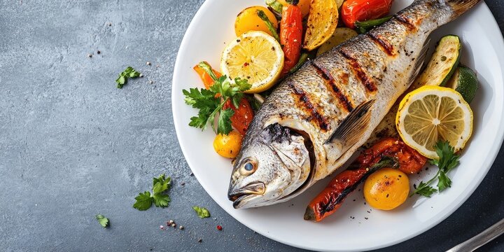A white plate showcases grilled branzino fish accompanied by vegetables, beautifully garnished with lemon slices and a blend of seasonings enhancing the dish.