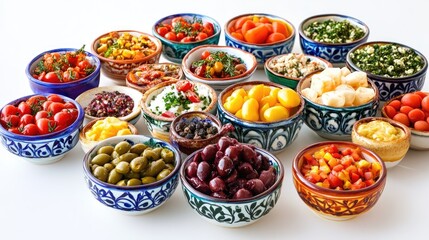 Colorful Mediterranean mezze spread on clean ceramic dishware, white setting, [appetizers], [healthy cuisine]