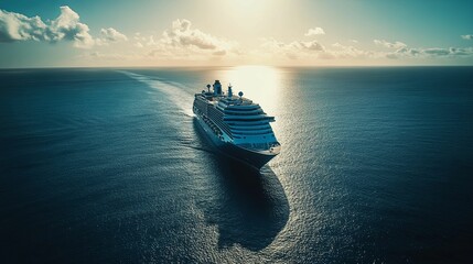 A Cruise Ship Sailing on a Calm Ocean at Sunset