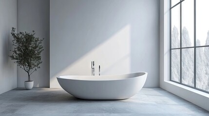 Modern minimalist bathroom designed in white and gray tones, featuring a spacious tub that enhances the elegant aesthetic, complemented by ample copy space for creative use.